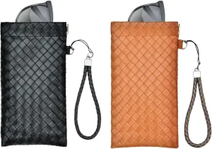 2 Pack Portable Leather Soft Glasses Case Anti-Scratch Squeeze Top Sunglasse Case Pouch with Wristlet Lanyard