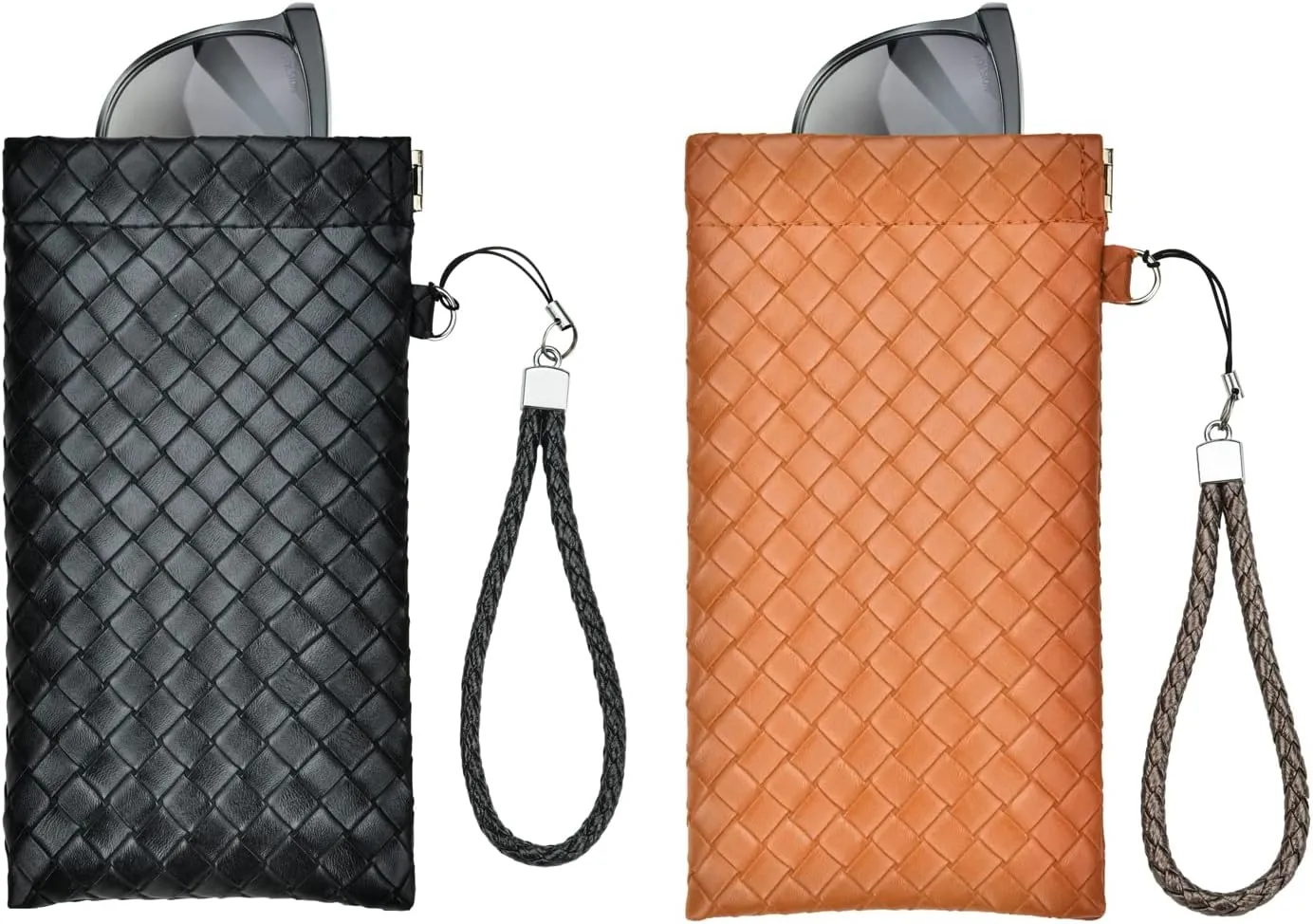 2 Pack Portable Leather Soft Glasses Case Anti-Scratch Squeeze Top Sunglasse Case Pouch with Wristlet Lanyard