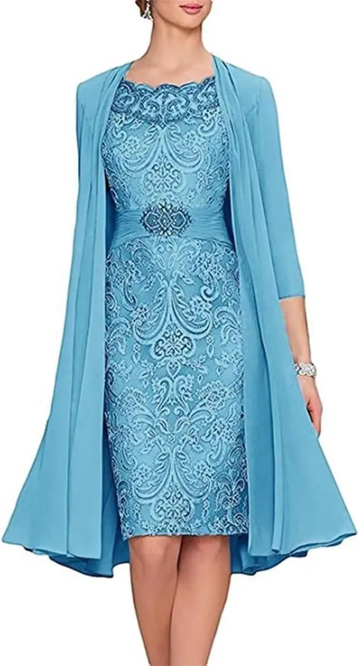 2 Pieces Tea Length Mother of The Bride Dresses with Jacket Beaded Lace Appliques Formal Evening Gown for Wedding