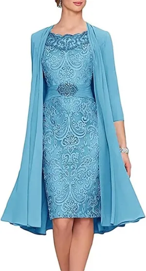 2 Pieces Tea Length Mother of The Bride Dresses with Jacket Beaded Lace Appliques Formal Evening Gown for Wedding