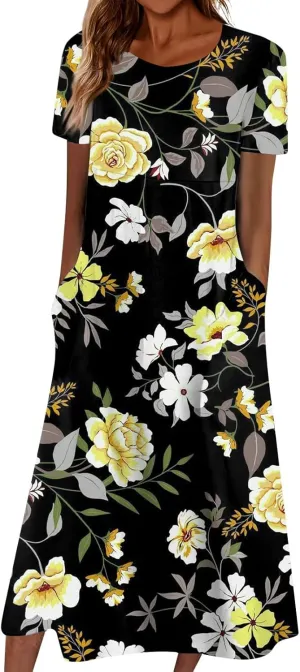 2024 Summer Pleated Dress Women's O Neck Loose Dresses Midi Daily Classic Womens Short-Sleeve Fashion Dresses