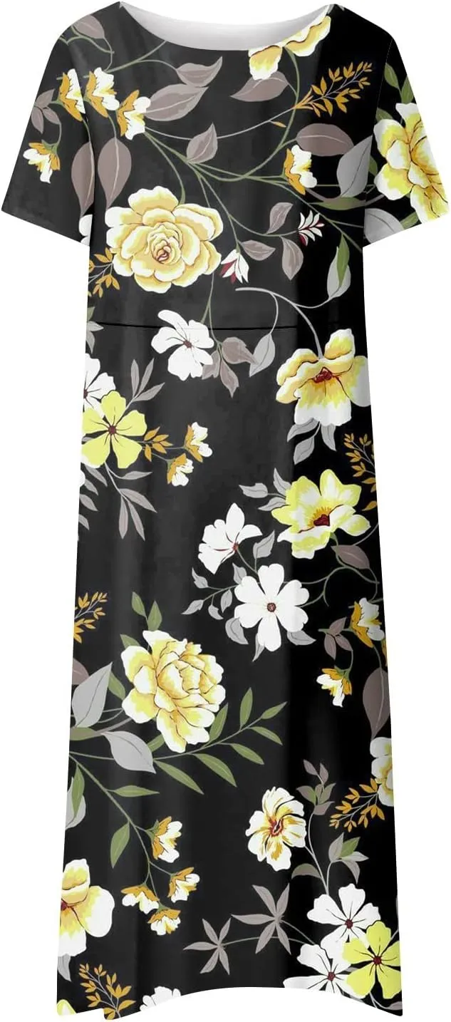 2024 Summer Pleated Dress Women's O Neck Loose Dresses Midi Daily Classic Womens Short-Sleeve Fashion Dresses
