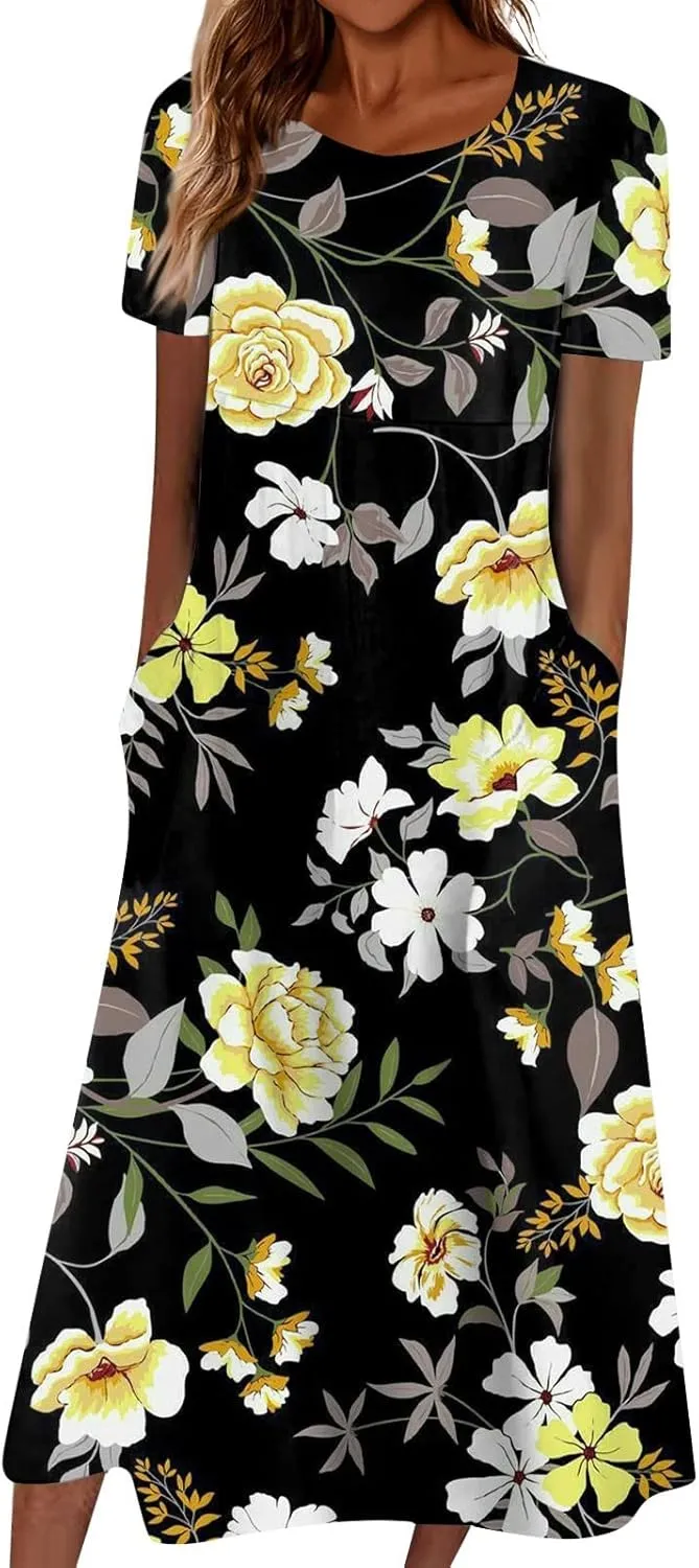 2024 Summer Pleated Dress Women's O Neck Loose Dresses Midi Daily Classic Womens Short-Sleeve Fashion Dresses