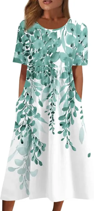 2024 Summer Pleated Dress Women's O Neck Loose Dresses Midi Daily Classic Womens Short-Sleeve Fashion Dresses