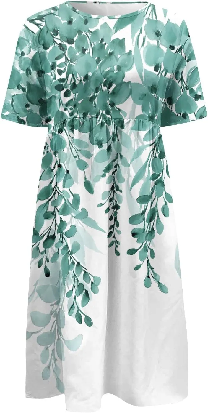 2024 Summer Pleated Dress Women's O Neck Loose Dresses Midi Daily Classic Womens Short-Sleeve Fashion Dresses