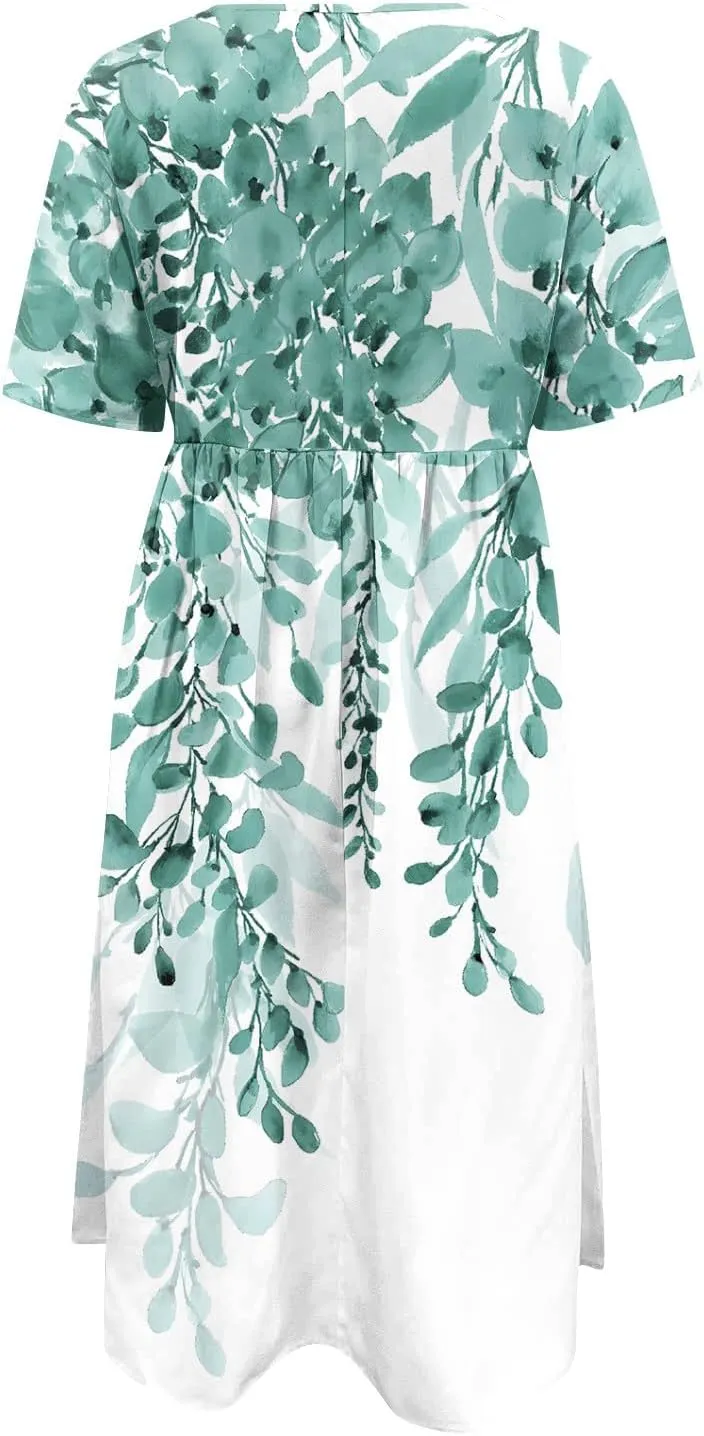 2024 Summer Pleated Dress Women's O Neck Loose Dresses Midi Daily Classic Womens Short-Sleeve Fashion Dresses