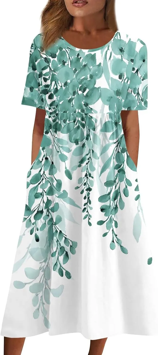 2024 Summer Pleated Dress Women's O Neck Loose Dresses Midi Daily Classic Womens Short-Sleeve Fashion Dresses