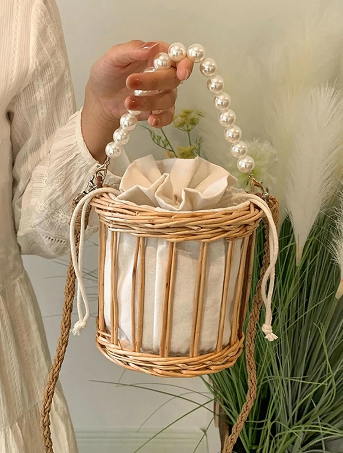 2025 Summer Straw Handbag Pearl Handle Handwoven Hollow Beach Bucket Bag Satchel Crossbody Wristlet Shoulder Bag