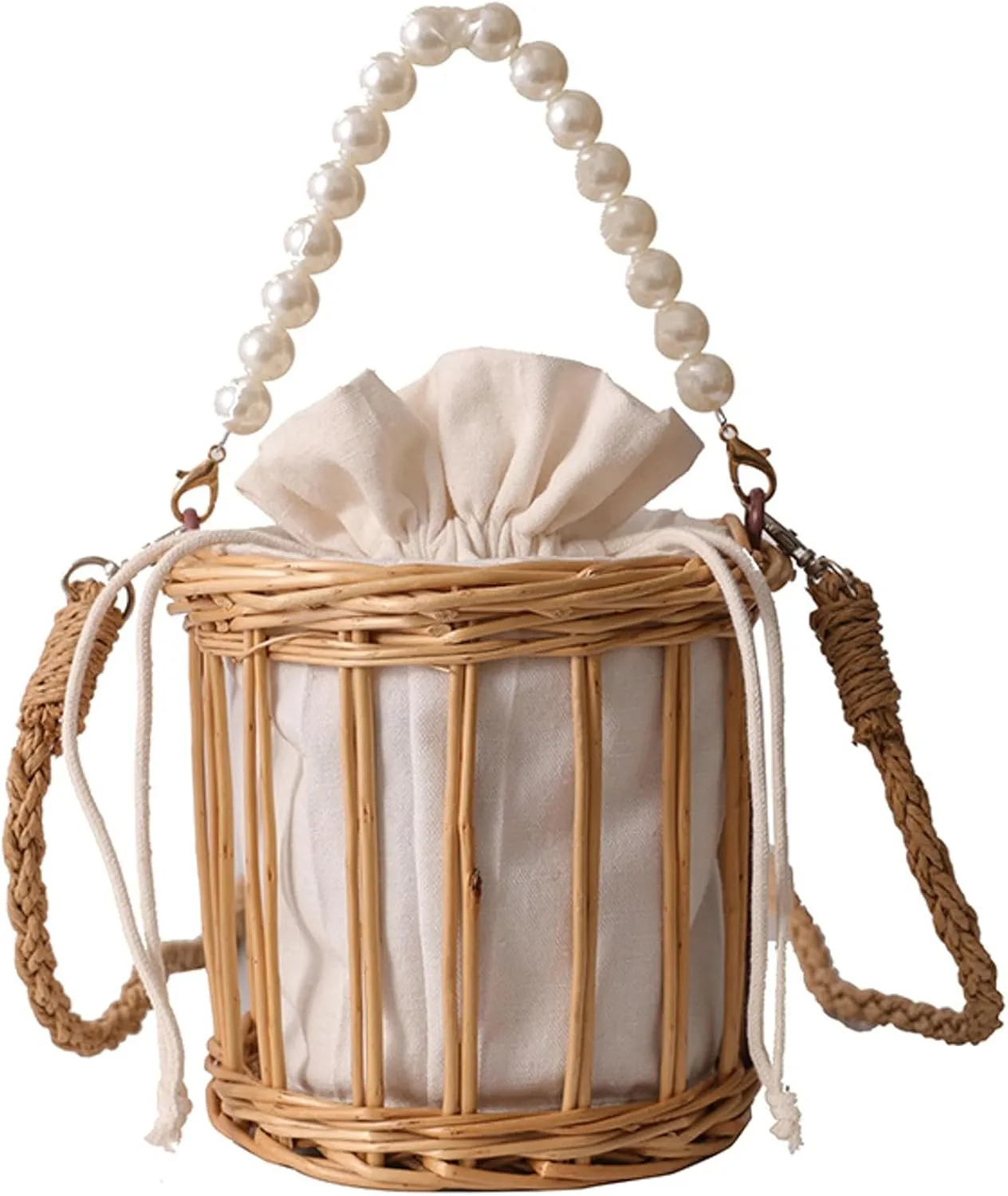 2025 Summer Straw Handbag Pearl Handle Handwoven Hollow Beach Bucket Bag Satchel Crossbody Wristlet Shoulder Bag