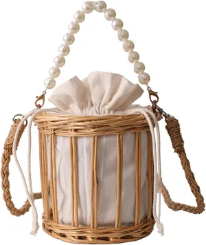 2025 Summer Straw Handbag Pearl Handle Handwoven Hollow Beach Bucket Bag Satchel Crossbody Wristlet Shoulder Bag