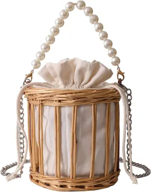 2025 Summer Straw Handbag Pearl Handle Handwoven Hollow Beach Bucket Bag Satchel Crossbody Wristlet Shoulder Bag