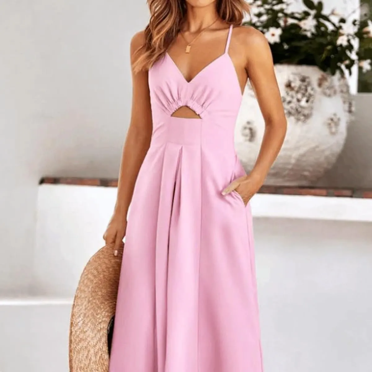 2025 Women Summer Dress, Spaghetti Strap Midi Dresses Pockets, Casual Vacation Travel Dress, Summer Hollow S Loose Dresses