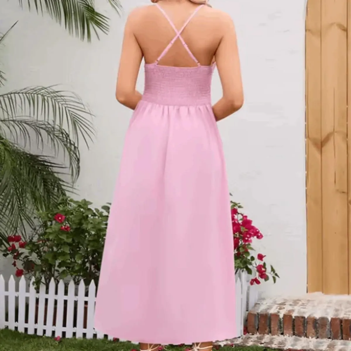 2025 Women Summer Dress, Spaghetti Strap Midi Dresses Pockets, Casual Vacation Travel Dress, Summer Hollow S Loose Dresses