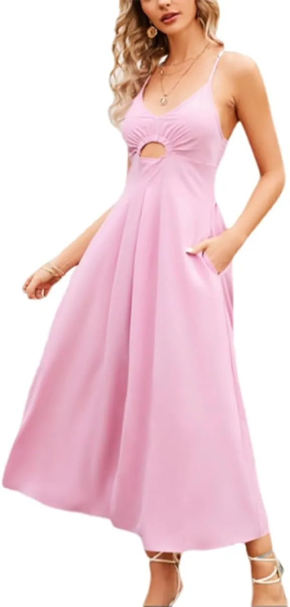 2025 Women Summer Dress, Spaghetti Strap Midi Dresses Pockets, Casual Vacation Travel Dress, Summer Hollow S Loose Dresses