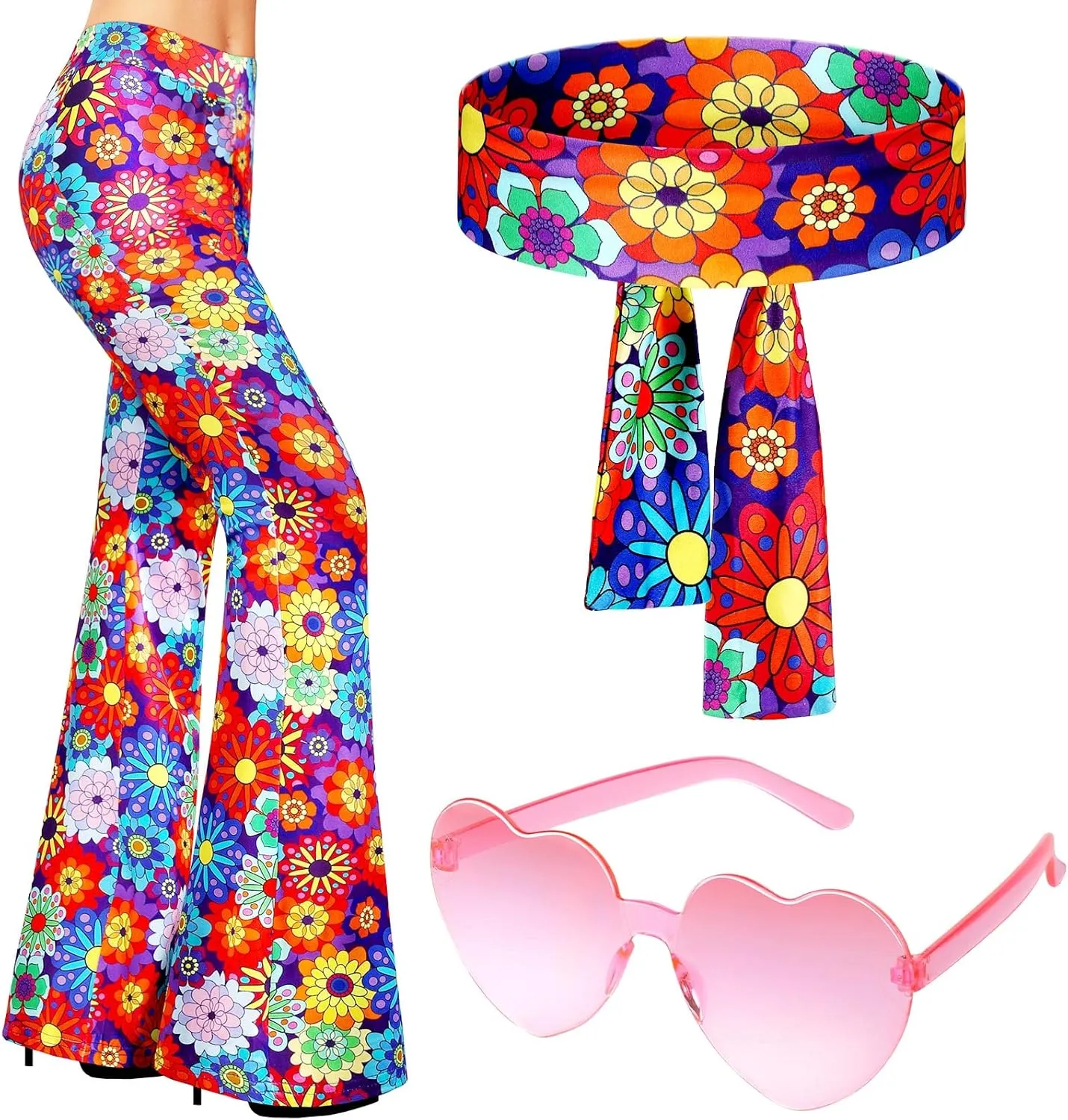 3 Pcs 60s 70s Outfit for Women Hippie Costume Set Disco Flared Pants Groovy Outfit Party Accessories