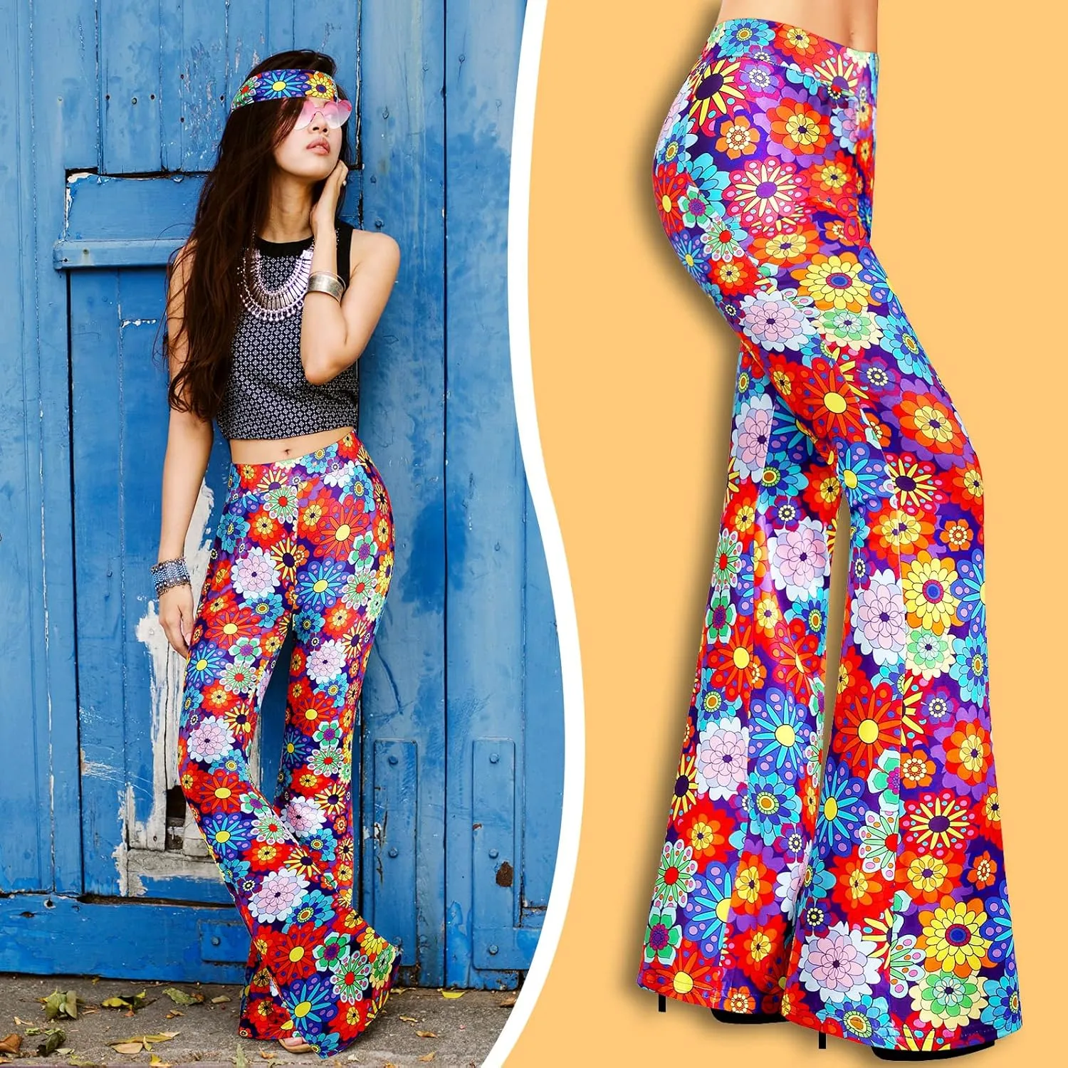 3 Pcs 60s 70s Outfit for Women Hippie Costume Set Disco Flared Pants Groovy Outfit Party Accessories