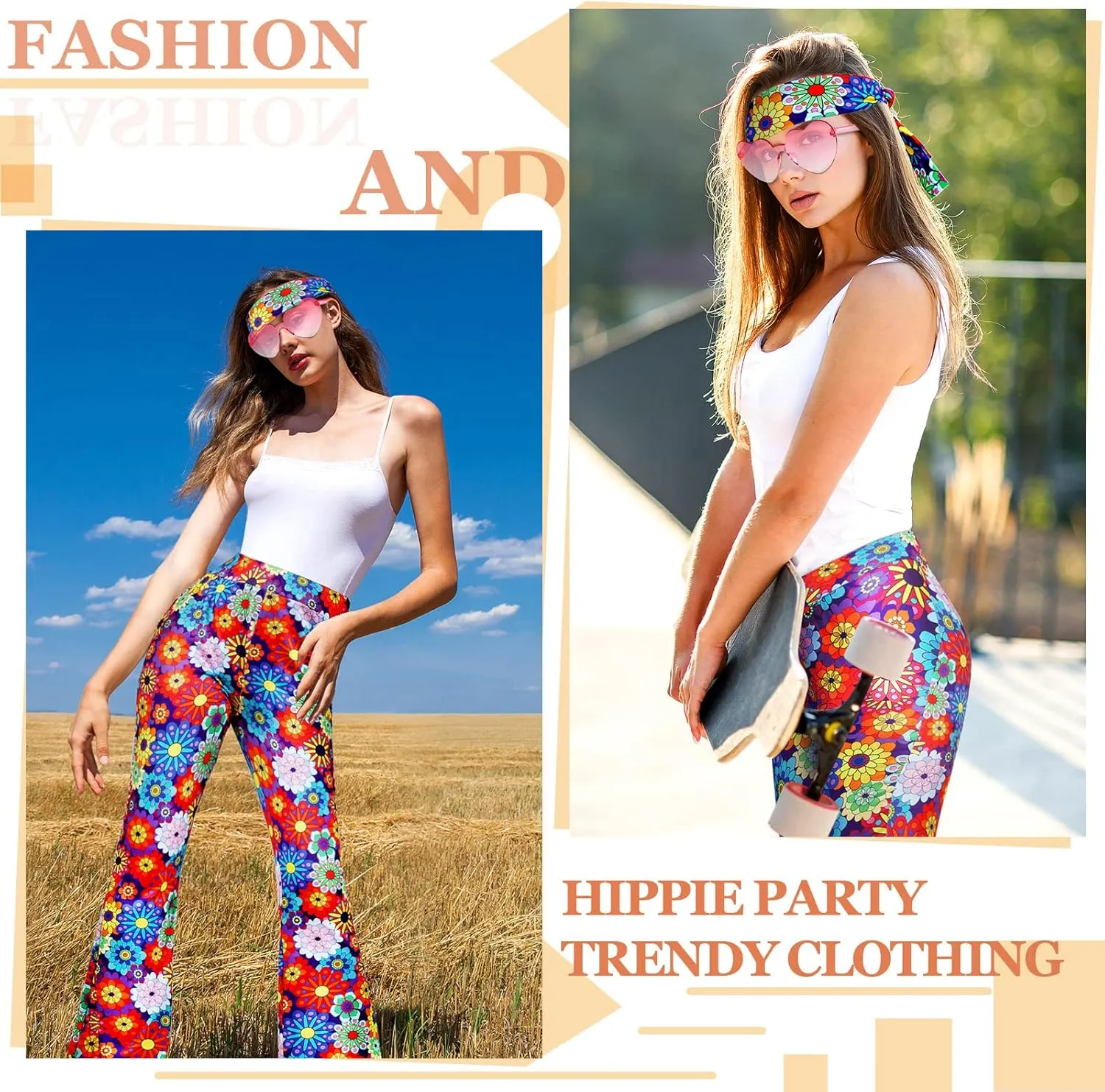 3 Pcs 60s 70s Outfit for Women Hippie Costume Set Disco Flared Pants Groovy Outfit Party Accessories