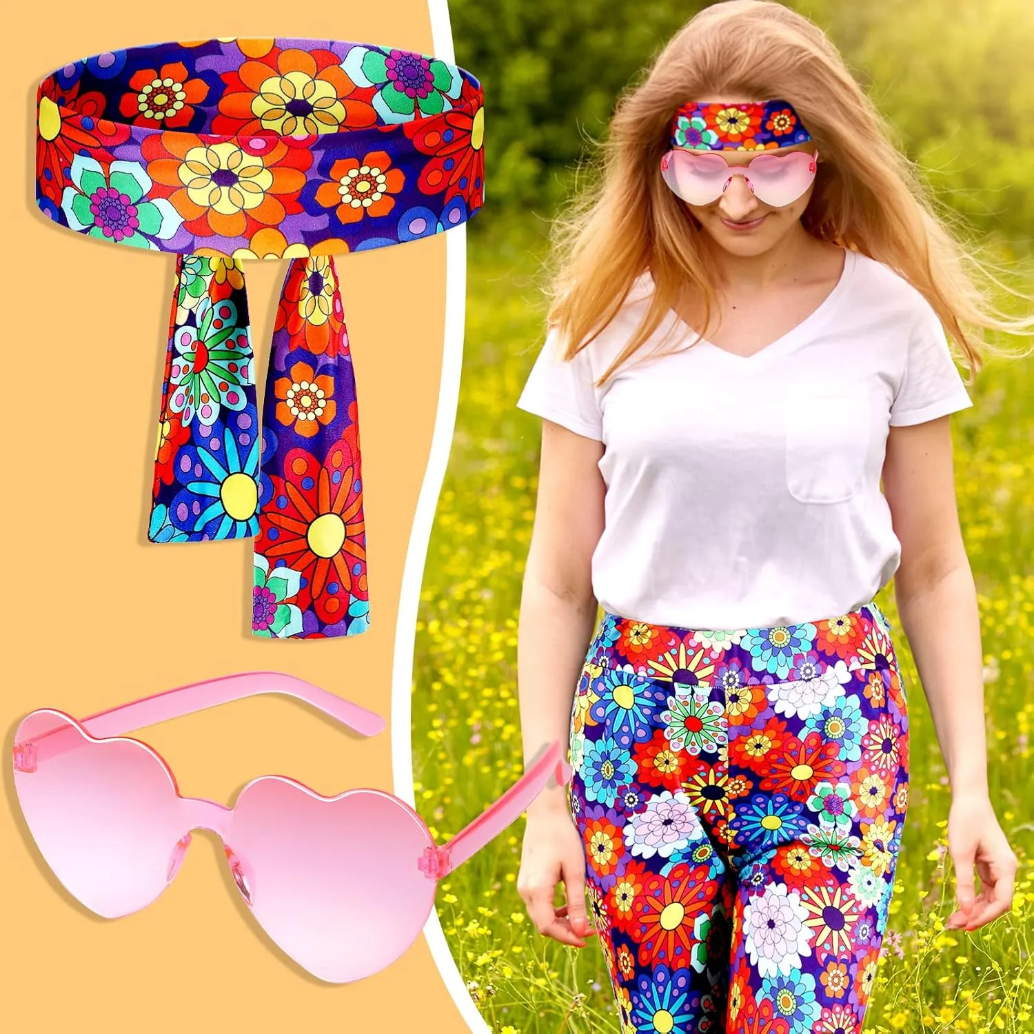 3 Pcs 60s 70s Outfit for Women Hippie Costume Set Disco Flared Pants Groovy Outfit Party Accessories