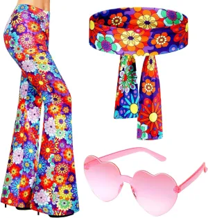 3 Pcs 60s 70s Outfit for Women Hippie Costume Set Disco Flared Pants Groovy Outfit Party Accessories