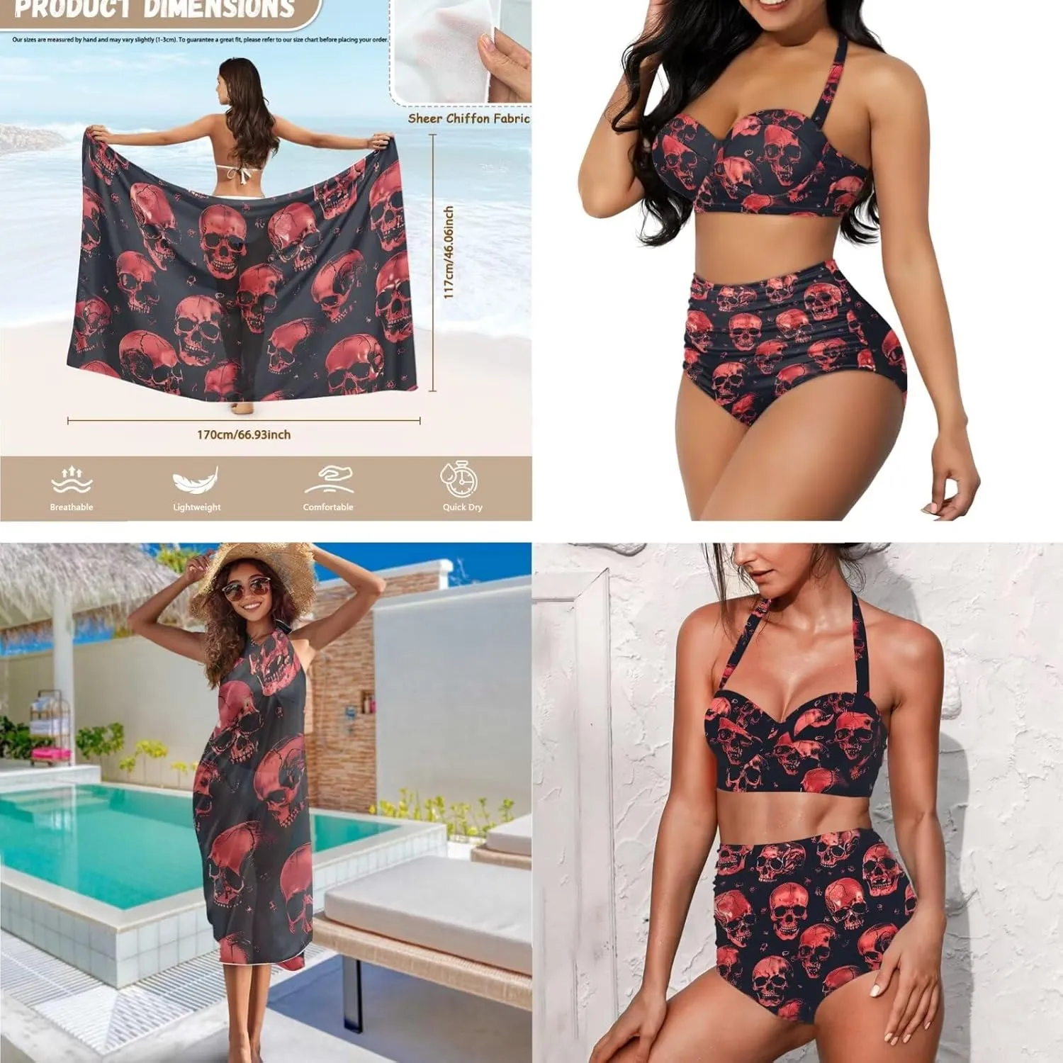 3 Piece Swimsuits for Women High Waist Bikini Set with Swimsuit Cover Up Sarong Beach Cover Ups for Summer