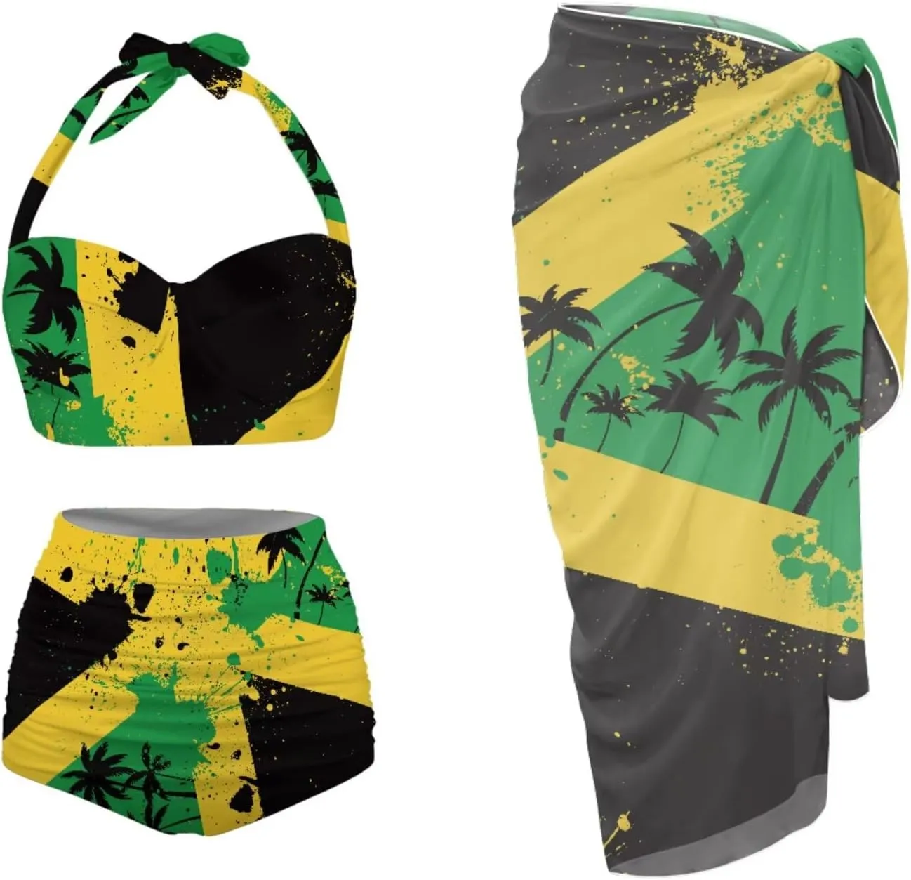 3 Piece Swimsuits for Women High Waist Bikini Set with Swimsuit Cover Up Sarong Beach Cover Ups for Summer