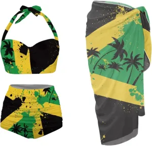 3 Piece Swimsuits for Women High Waist Bikini Set with Swimsuit Cover Up Sarong Beach Cover Ups for Summer