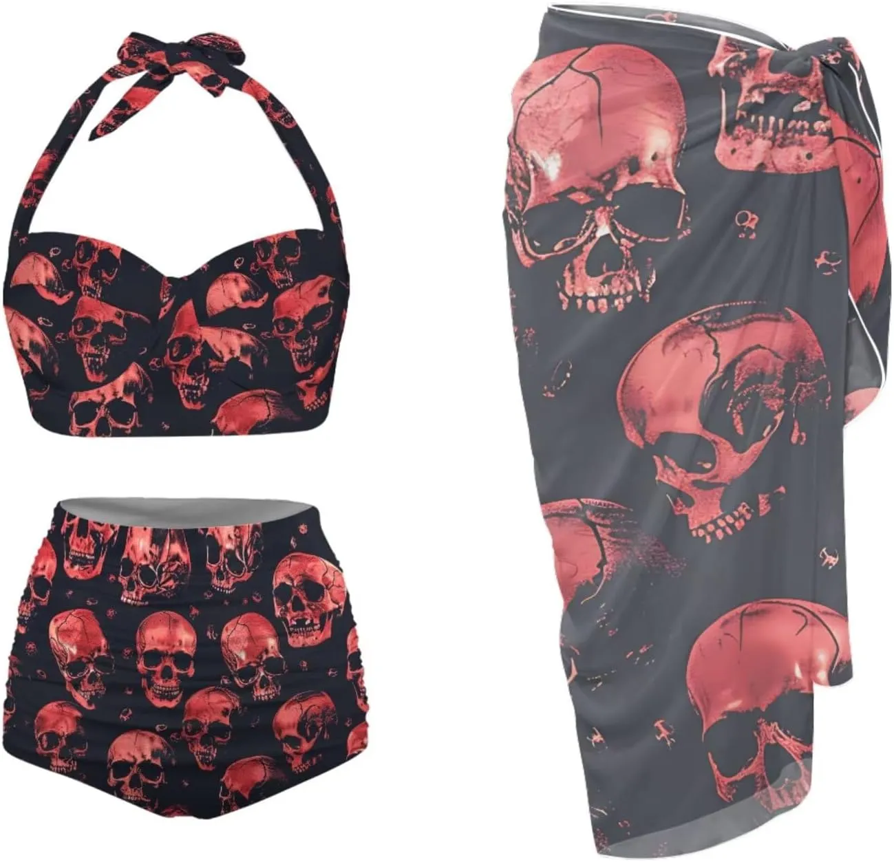3 Piece Swimsuits for Women High Waist Bikini Set with Swimsuit Cover Up Sarong Beach Cover Ups for Summer