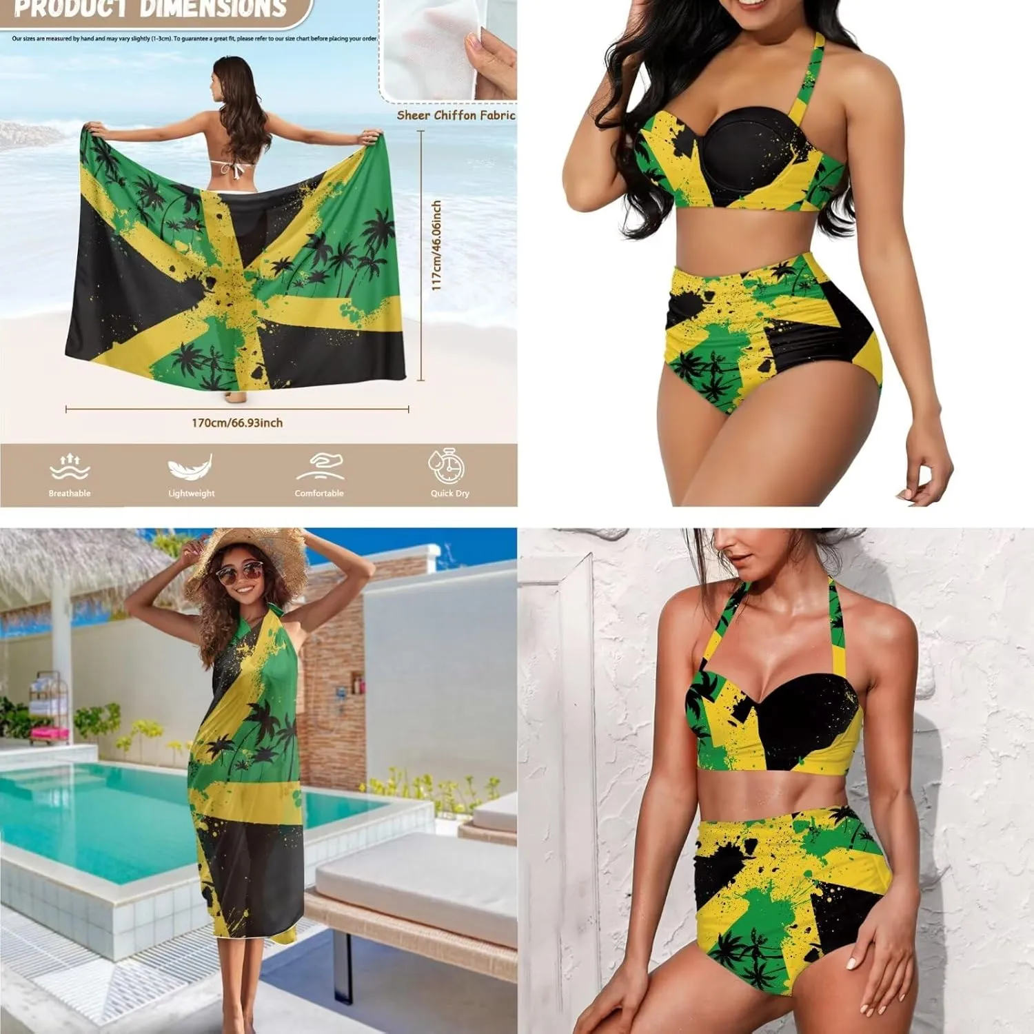 3 Piece Swimsuits for Women High Waist Bikini Set with Swimsuit Cover Up Sarong Beach Cover Ups for Summer