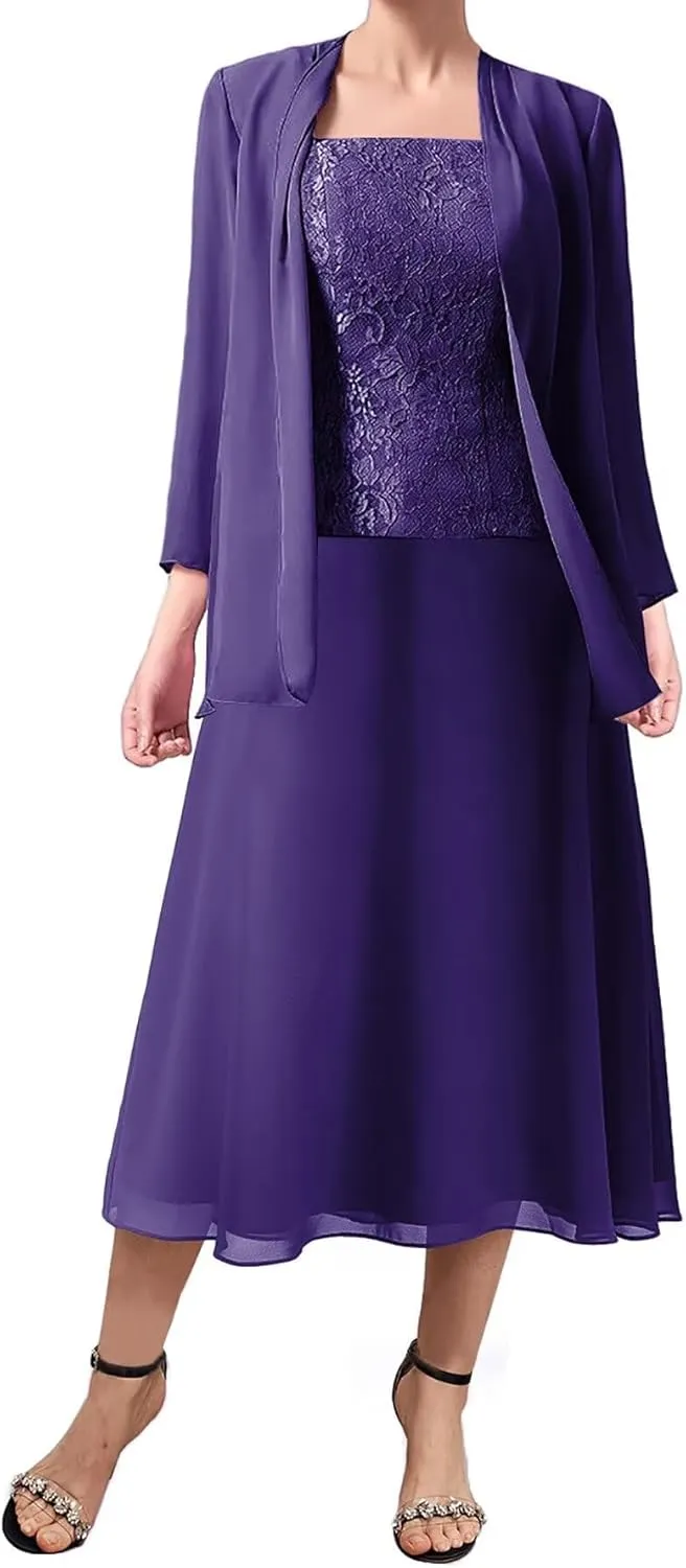 3 Pieces Mother of The Bride Dresses Women Chiffon Formal Evening Gowns with Long Sleeve Jackets