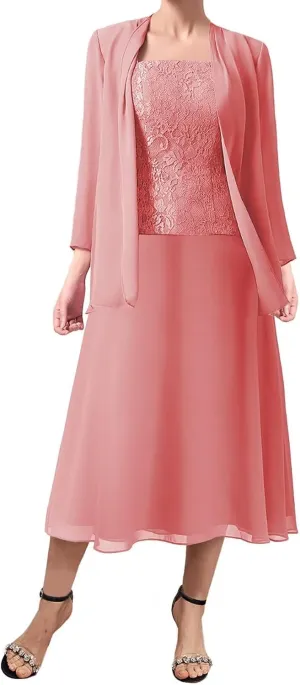 3 Pieces Mother of The Bride Dresses Women Chiffon Formal Evening Gowns with Long Sleeve Jackets