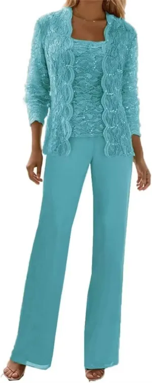 3 Pieces Mother of The Bride Pant Suits Formal Outfit Lace Chiffon Grandmother Wedding Guest Dresses