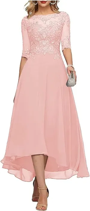 A Line Tea Length Mother of The Bride Dress 3/4 Sleeves Lace Applique Chiffon Formal Evening Party Gowns