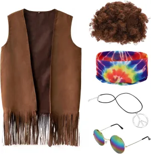 ACTLATI 60s Hippie Costume Set for Men Fringe Vest Wig Tie Dye Headband Peace Sign Necklace Sunglasses for Halloween Party