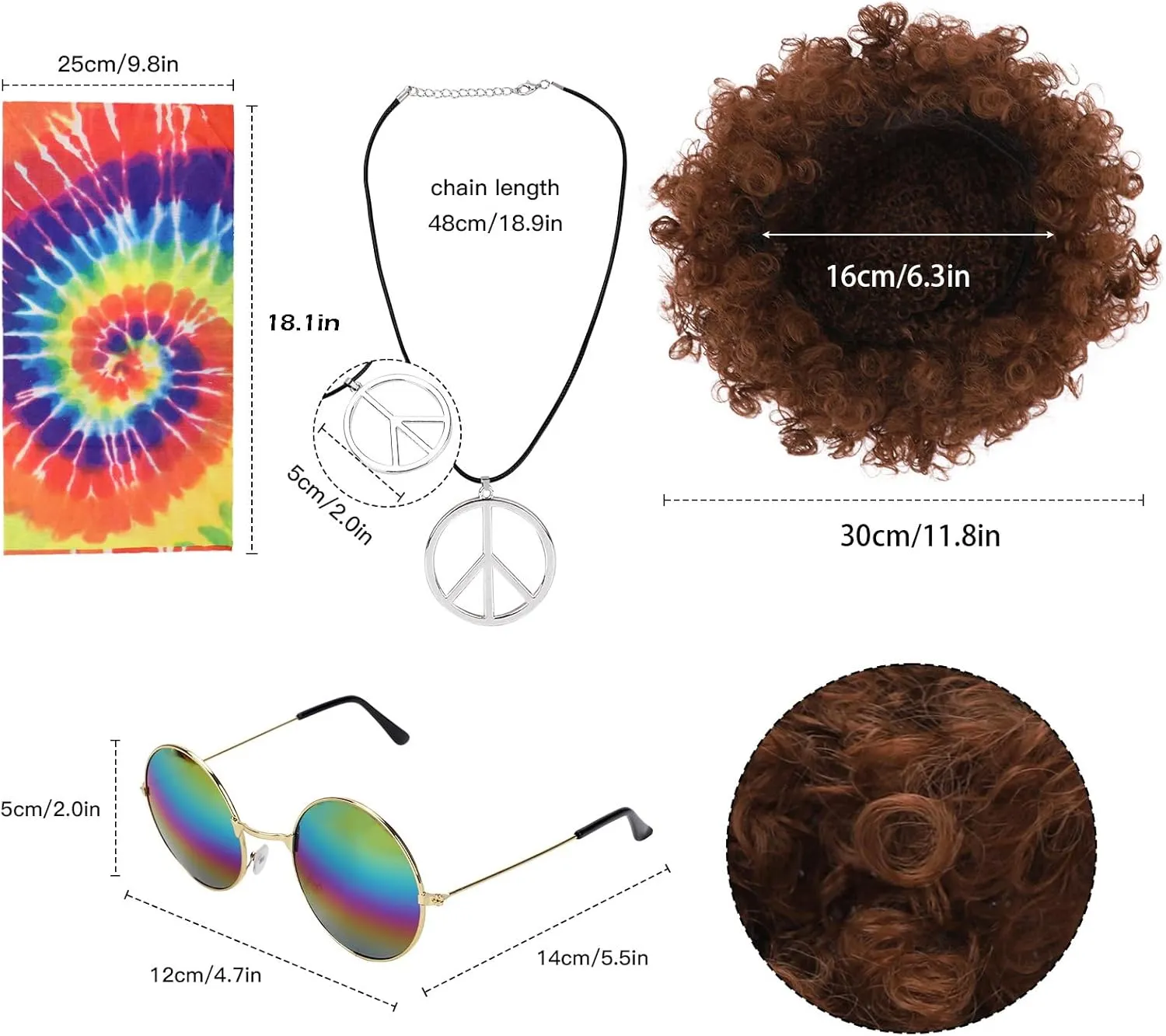 ACTLATI 60s Hippie Costume Set for Men Fringe Vest Wig Tie Dye Headband Peace Sign Necklace Sunglasses for Halloween Party
