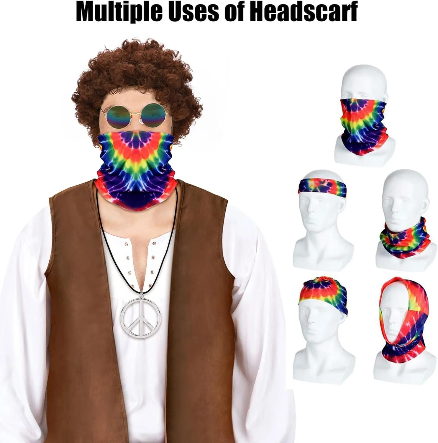 ACTLATI 60s Hippie Costume Set for Men Fringe Vest Wig Tie Dye Headband Peace Sign Necklace Sunglasses for Halloween Party