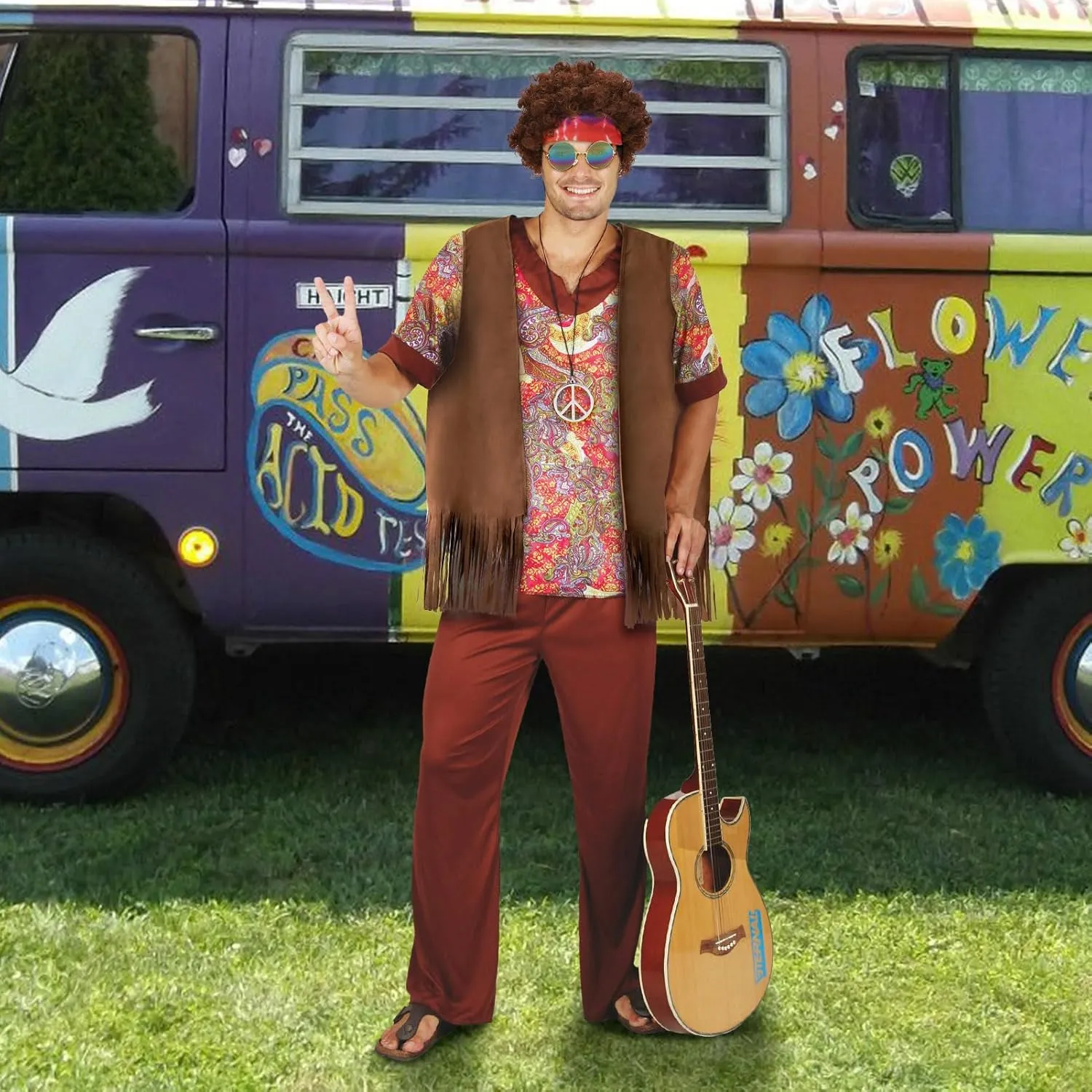 ACTLATI 60s Hippie Costume Set for Men Fringe Vest Wig Tie Dye Headband Peace Sign Necklace Sunglasses for Halloween Party