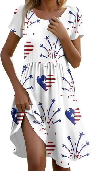 ADHOWBEW 4th of July Dresses for Women Summer Patriotic American Flag USA Casual Short Sleeve Dress