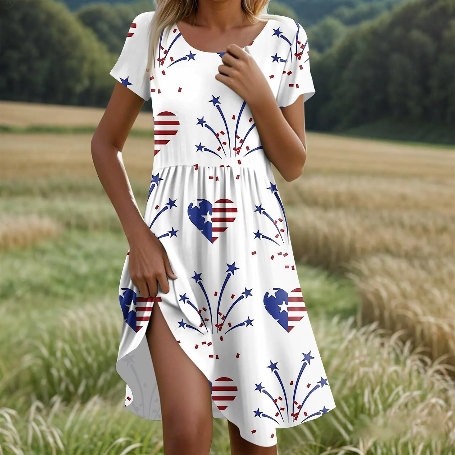 ADHOWBEW 4th of July Dresses for Women Summer Patriotic American Flag USA Casual Short Sleeve Dress