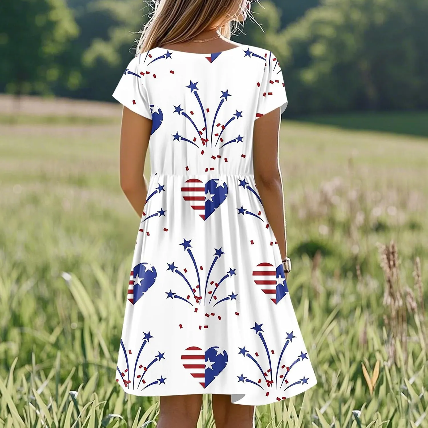 ADHOWBEW 4th of July Dresses for Women Summer Patriotic American Flag USA Casual Short Sleeve Dress