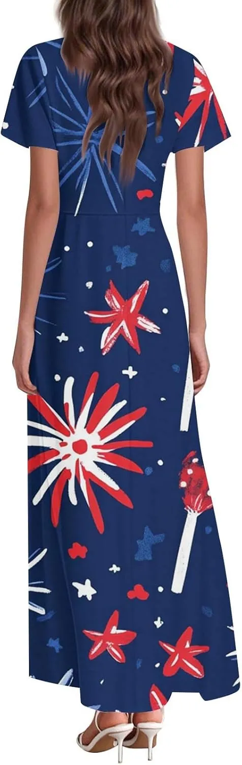 ADHOWBEW Red White and Blue Dress Memorial Days V Neck Summer Patriotic USA Short Sleeve American Flag 2025 Dresses