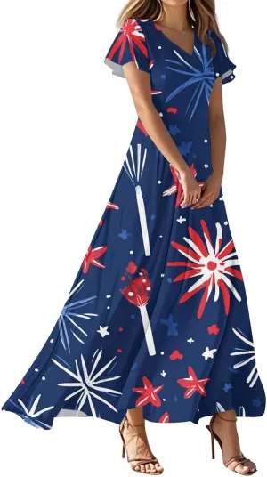 ADHOWBEW Red White and Blue Dress Memorial Days V Neck Summer Patriotic USA Short Sleeve American Flag 2025 Dresses