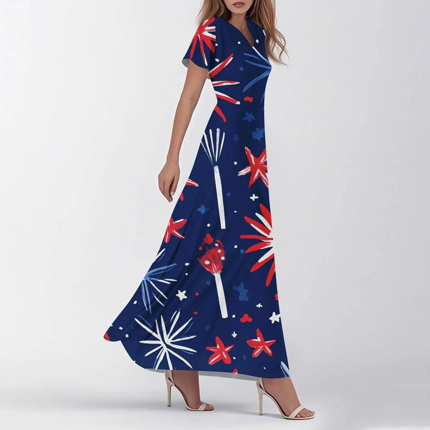 ADHOWBEW Red White and Blue Dress Memorial Days V Neck Summer Patriotic USA Short Sleeve American Flag 2025 Dresses