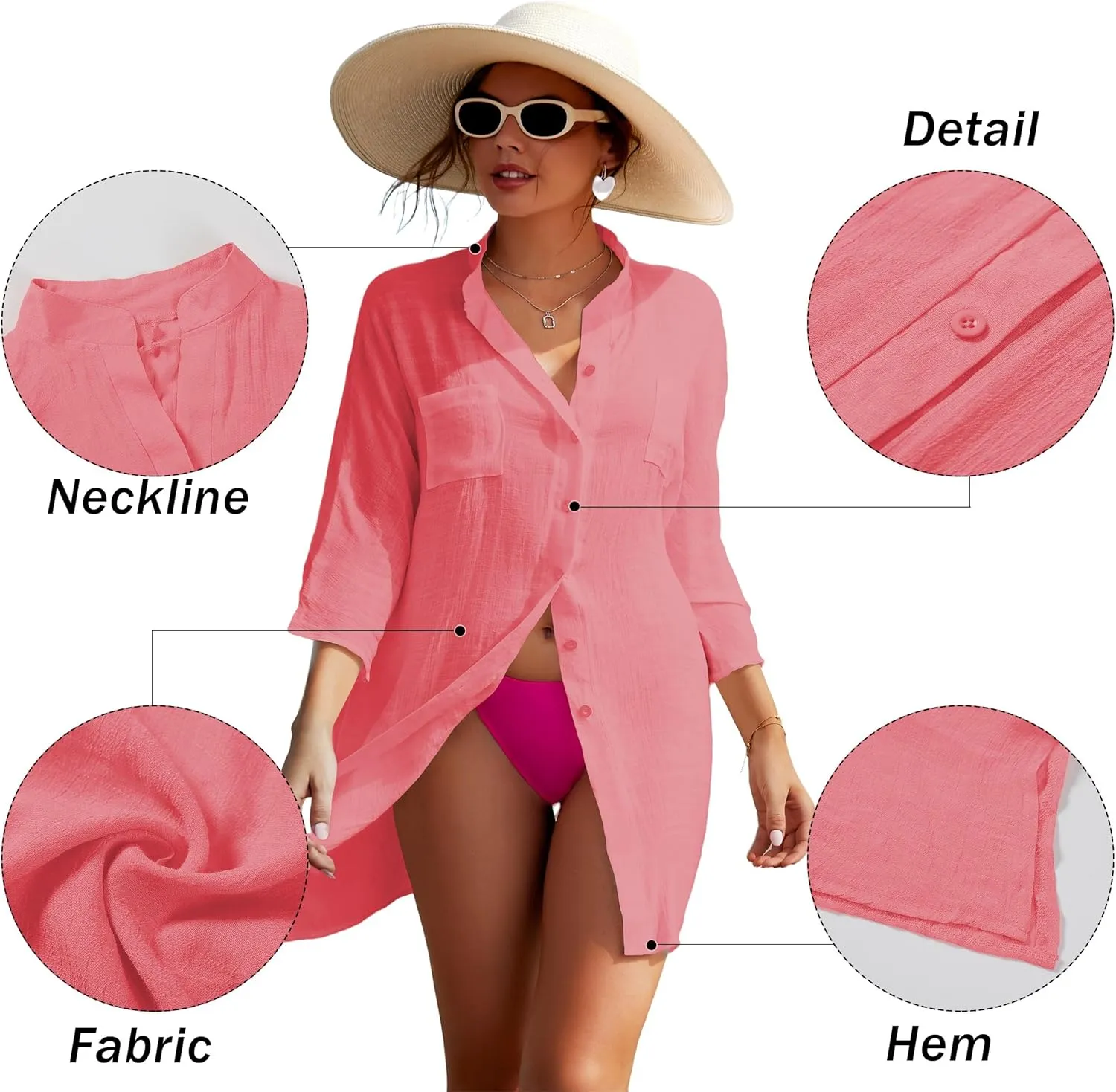 Adisputent Womens Swimsuit Cover up Shirts Long Sleeve Button Down Bikini Beachwear Dress Loose Bathing Suit Cover Ups
