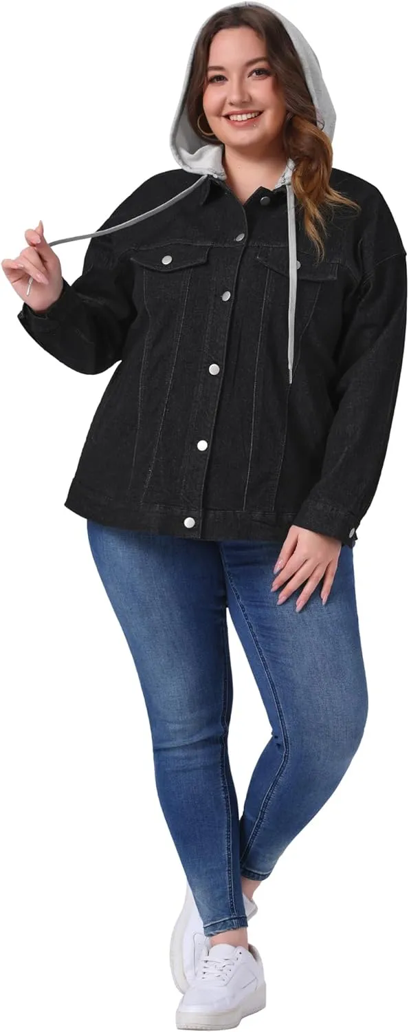 Agnes Orinda Women's Plus Size Denim Jacket with Detachable Hood Oversized Jean Shacket Jackets with Pockets