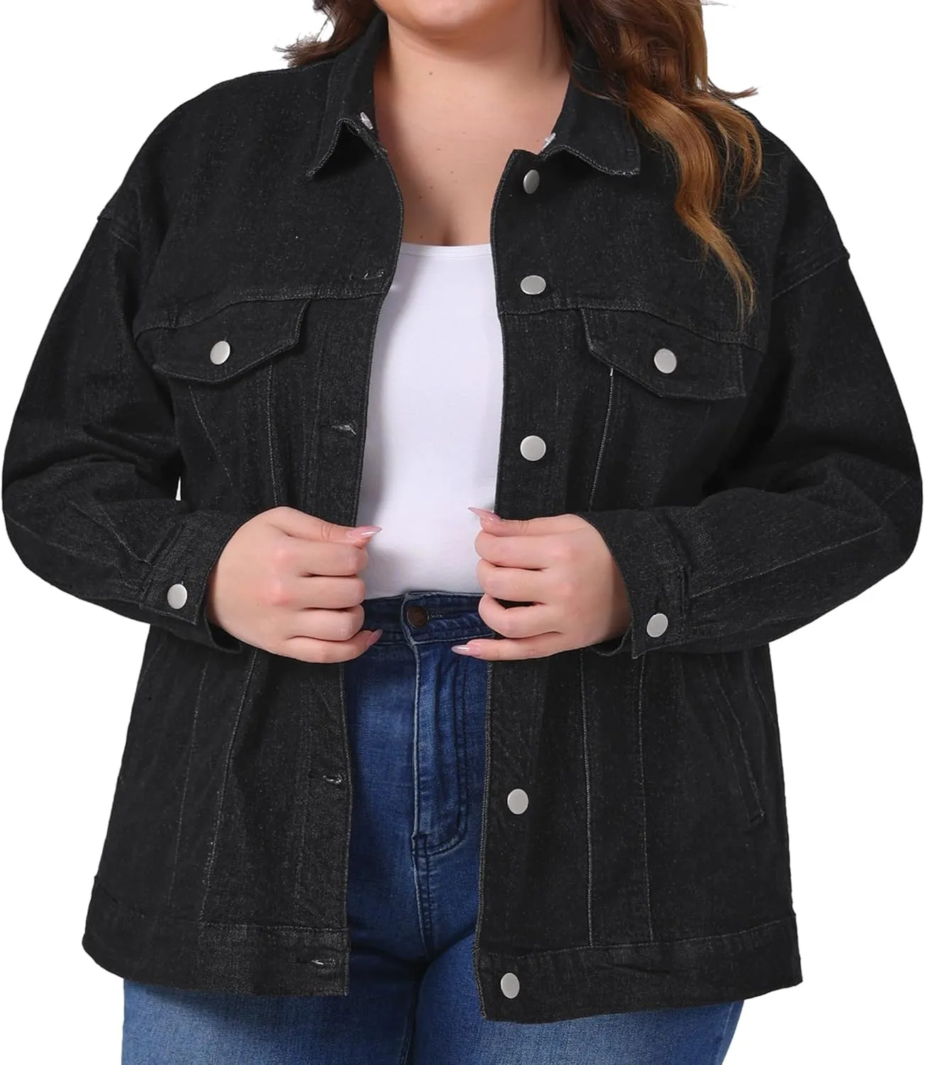 Agnes Orinda Women's Plus Size Denim Jacket with Detachable Hood Oversized Jean Shacket Jackets with Pockets