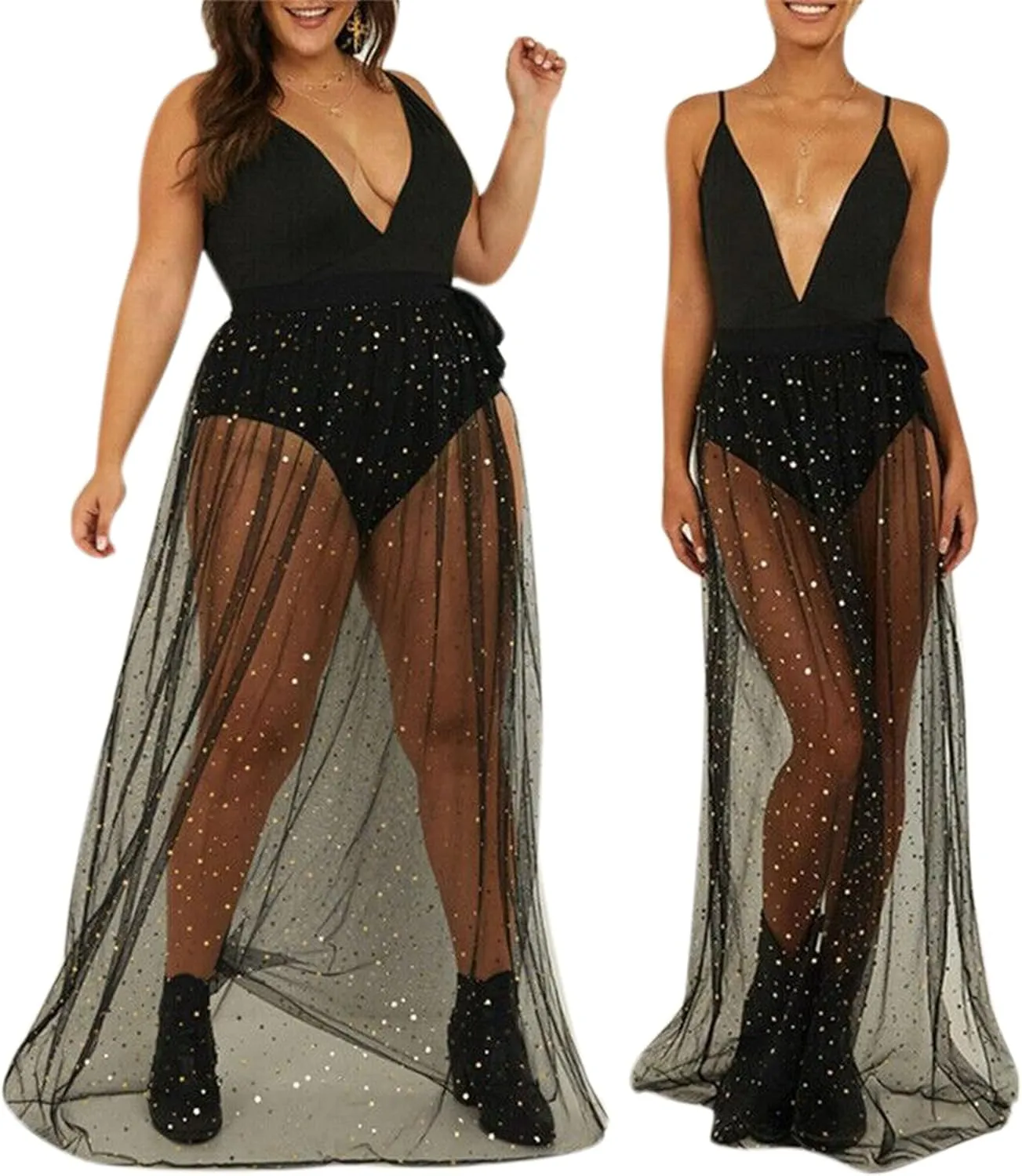 AIBEARTY Women Elastic Waist Mesh Sheer Long Side Slit Maxi Skirts Summer Beach Cover Up