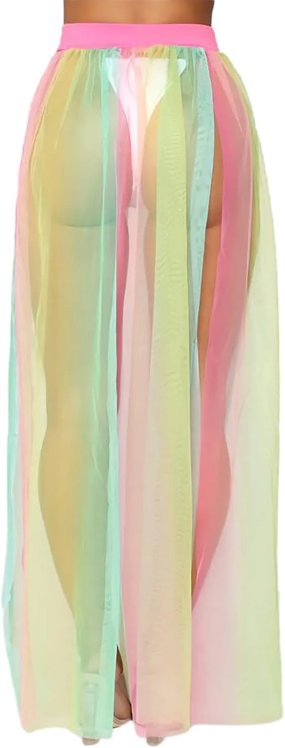 AIBEARTY Women Elastic Waist Mesh Sheer Long Side Slit Maxi Skirts Summer Beach Cover Up