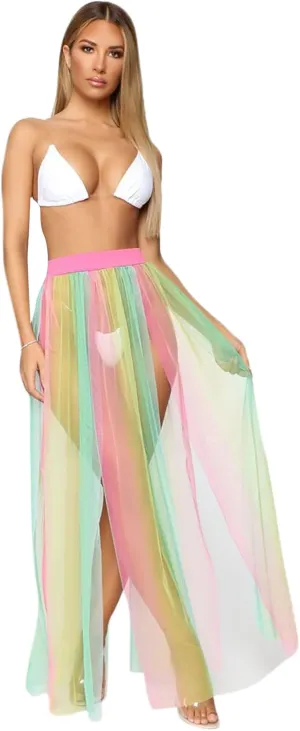 AIBEARTY Women Elastic Waist Mesh Sheer Long Side Slit Maxi Skirts Summer Beach Cover Up