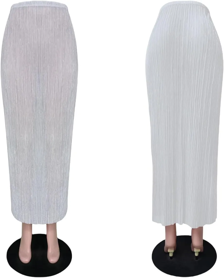 AIBEARTY Women Elastic Waist Mesh Sheer Long Side Slit Maxi Skirts Summer Beach Cover Up
