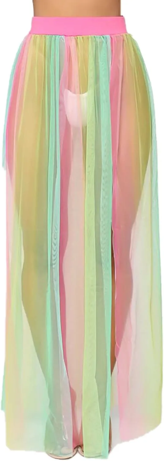 AIBEARTY Women Elastic Waist Mesh Sheer Long Side Slit Maxi Skirts Summer Beach Cover Up